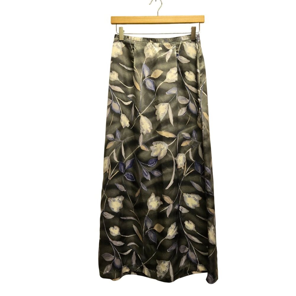 Vintage Floral Maxi‎ Skirt 90s Whimsigoth Black Gray Satin Womens S
